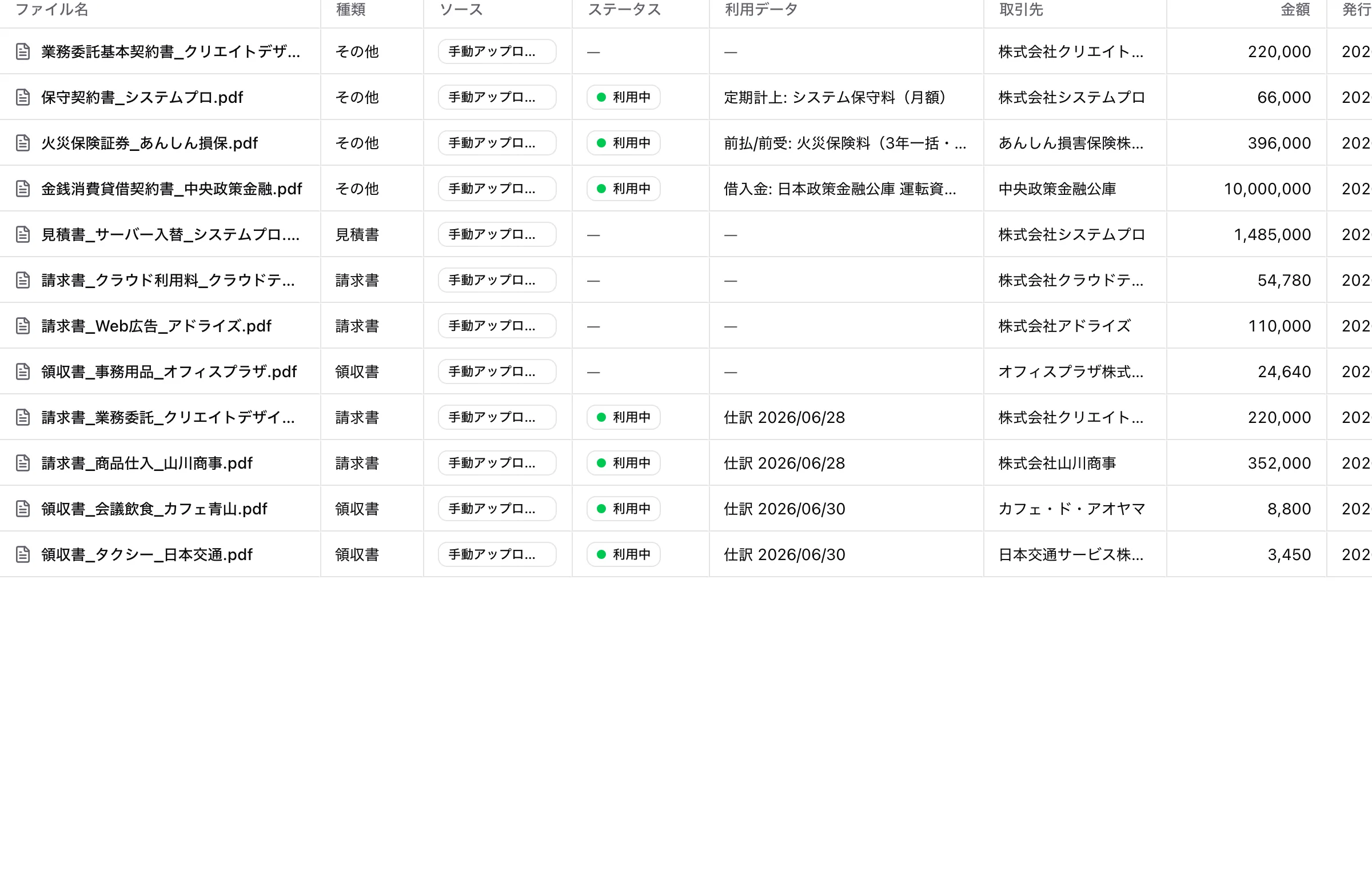 証憑ファイルの一覧。請求書・領収書・契約書が、紐づく仕訳や取引先とともに並んでいる